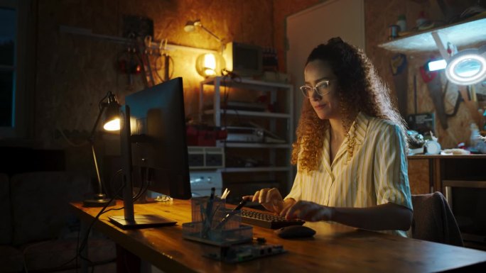 西班牙裔女性软件工程师深夜在复古车库的台式电脑上编程。雄心勃勃的女性创办科技创业公司。在家编码创新的