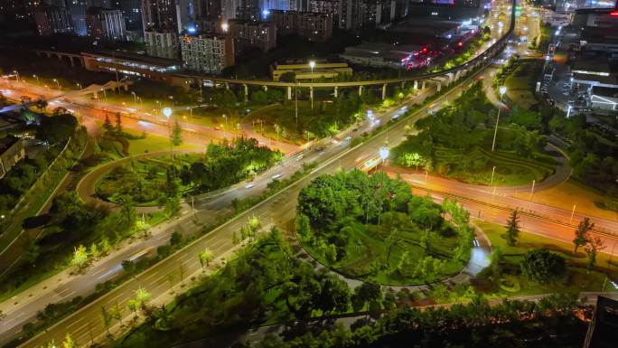 重庆交通道路立交桥夜景航拍大范围延时