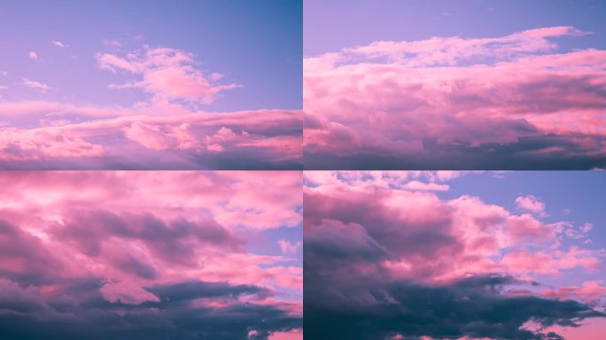 不寻常的天空背景。彩色多云品红色天空与蓬松的云。4k延时调蓝粉红色品红色天空日落日出背景。淡洋红色调
