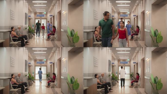 活跃的印度当地卫生诊所走廊的延时镜头，代表着护士和医生提供的现代和先进的医疗服务。在医院接待厅等候的
