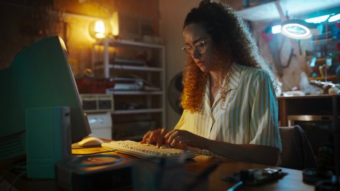 西班牙裔女工程师在九十年代的复古车库使用旧台式电脑。聪明的女人写代码，致力于创新的便携式设备，创办科