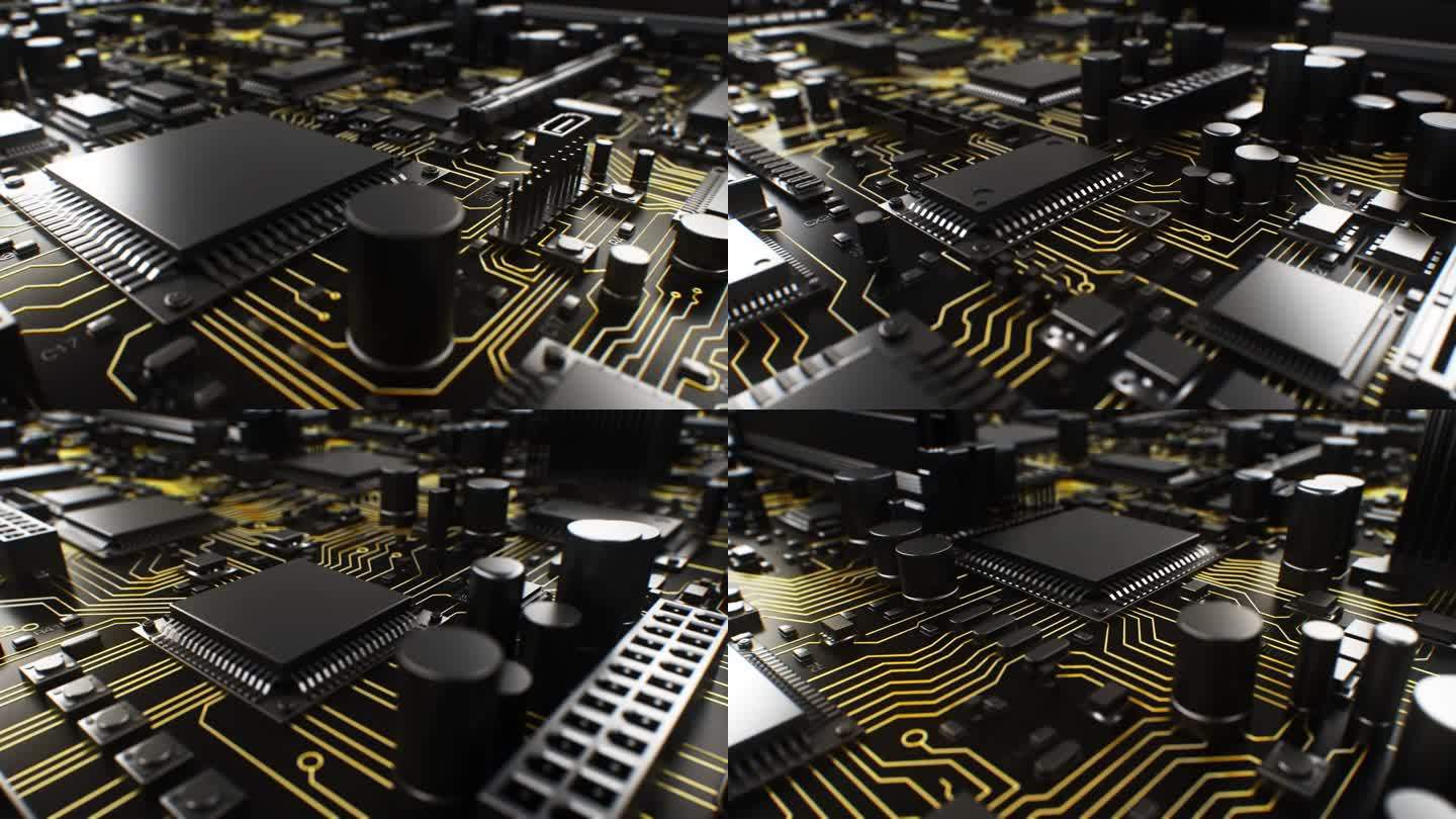 抽象无尽的电路板黑色与黄金轨道的特写无缝插图。现代计算机主板和cpu循环三维动画数字技术概念