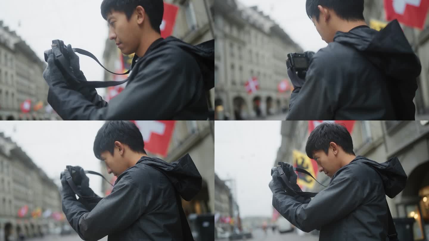 20-30岁的亚洲男性游客，用他们的相机捕捉著名城市里人们的生活方式。