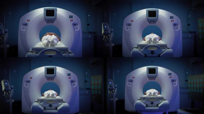 躺在CT或MRI扫描床上的女性患者，扫描她的大脑。镜头在医学实验室或医疗机构，技术先进的设备在一个干