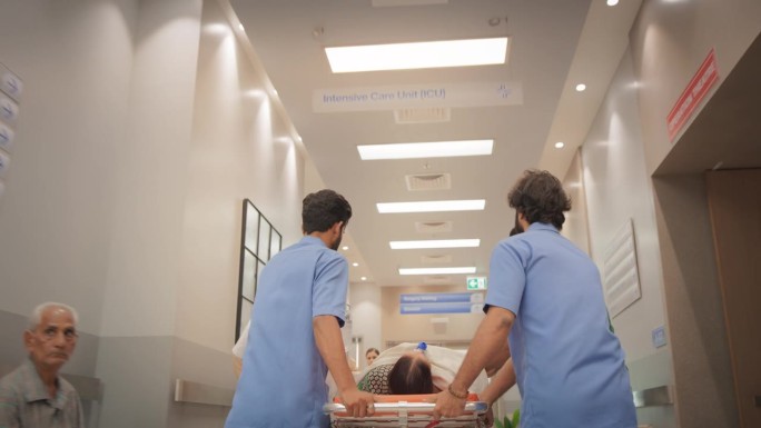 一组医学专家用担架运送一位老年病人通过医院走廊的后视跟踪镜头。保健诊所接收重症监护室急诊病例