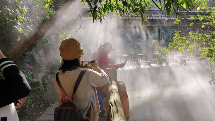 阳光游客游览景点大雾水面上升烟雾烟雾缭绕