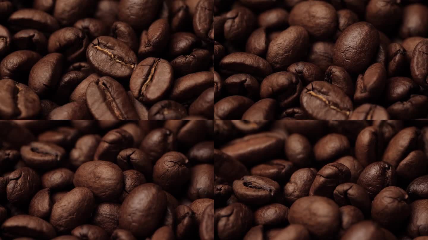 咖啡豆。镜头慢慢向上移动，展示了烤好的咖啡豆。微距镜头
