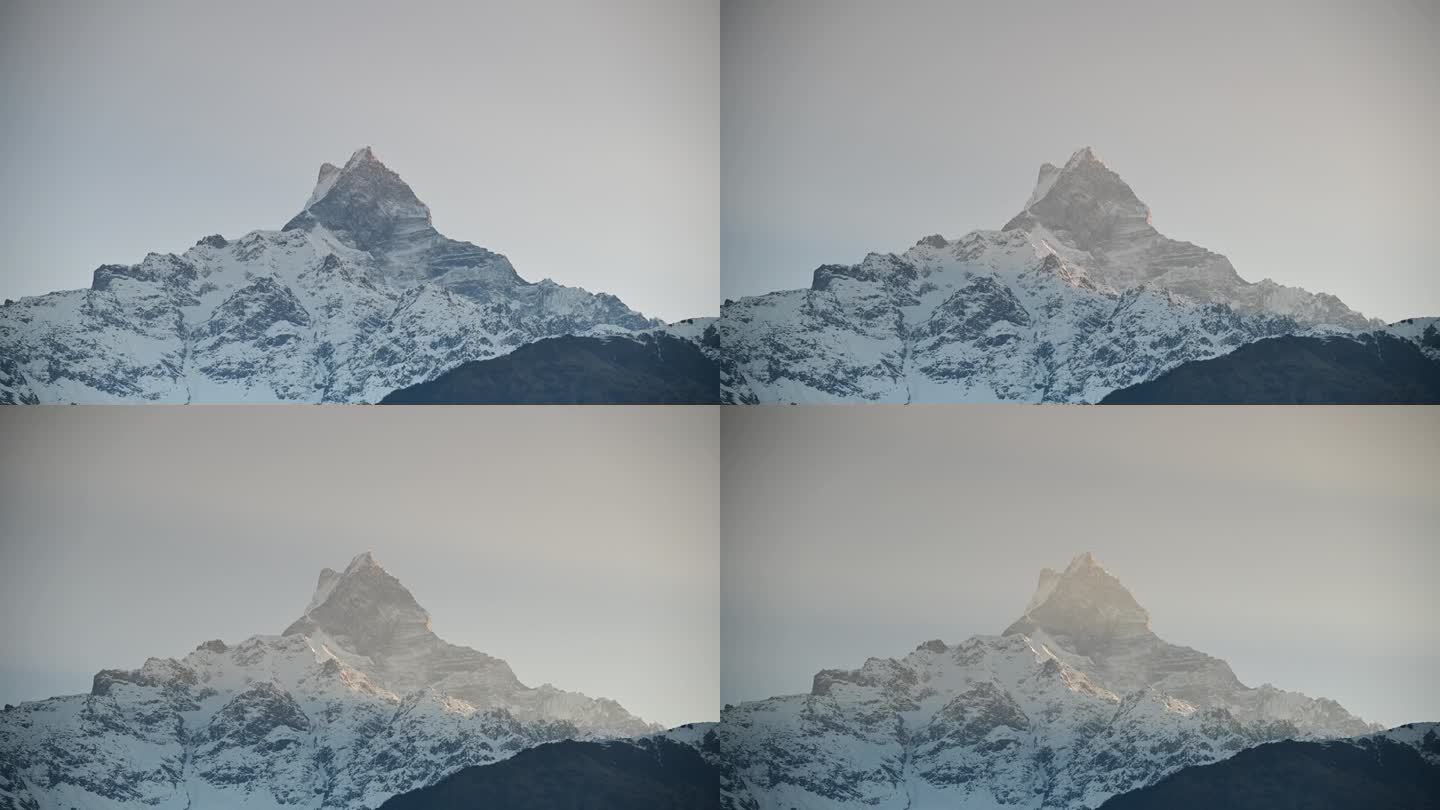 亚洲尼泊尔博卡拉的安纳普尔纳山脉，马夏普查尔峰或鱼尾峰的美丽山景的时间推移，这是博卡拉最著名的山峰，