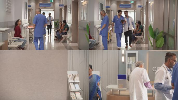 跟踪多莉拍摄的医院走廊和大厅充满了一群不同的印度病人等待他们的预约。拥有活跃的医生、护士和工作人员的