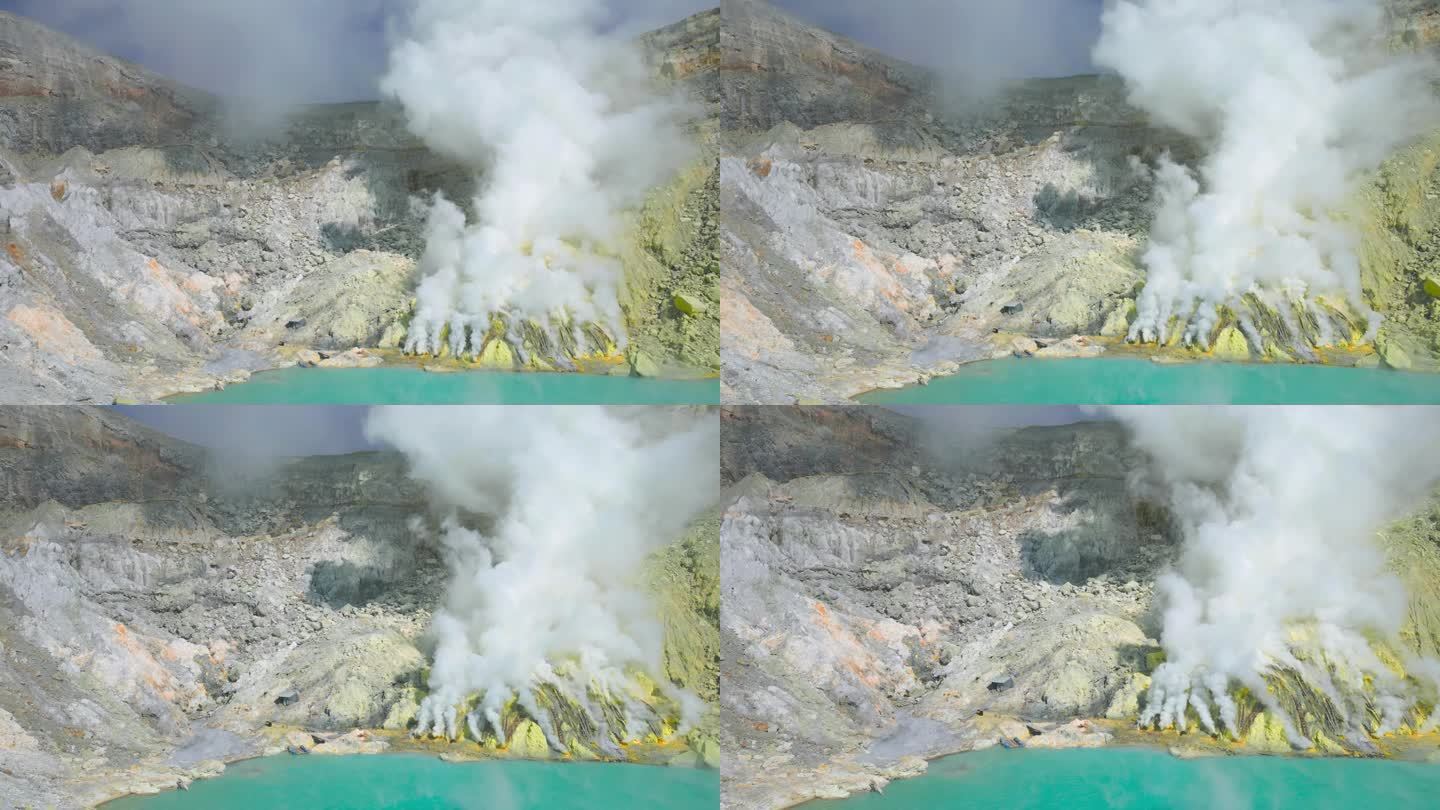 印度尼西亚东爪哇卡瓦伊真火山的硫磺湖，前景为硫磺石