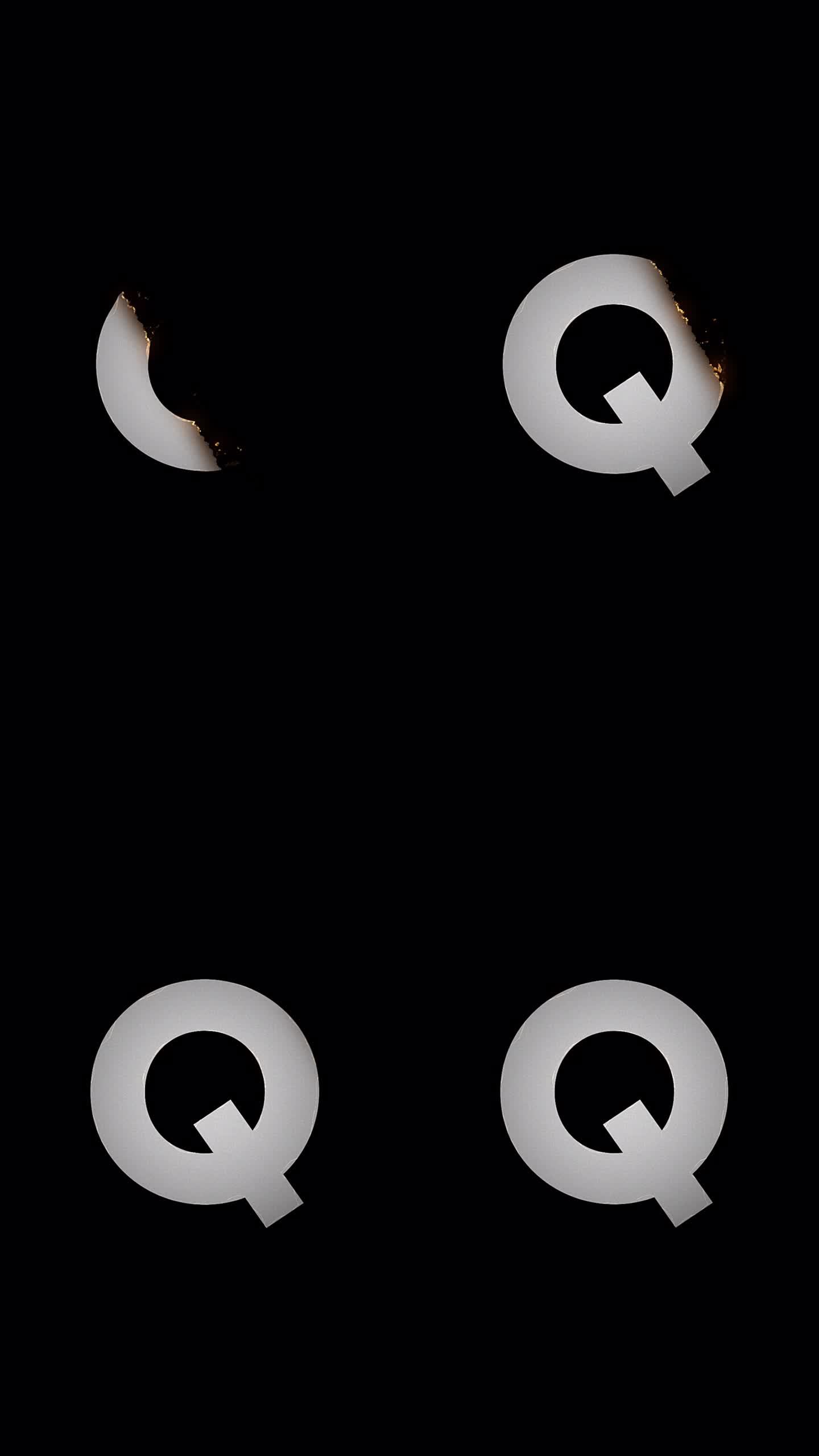 火字母显示和消失动画。Q符号燃烧像纸烬和烟在黑色的背景。设计元素