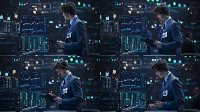 一个在国际证券交易公司工作的年轻人的肖像:专业使用平板电脑，监控金融市场，与公司业务伙伴沟通