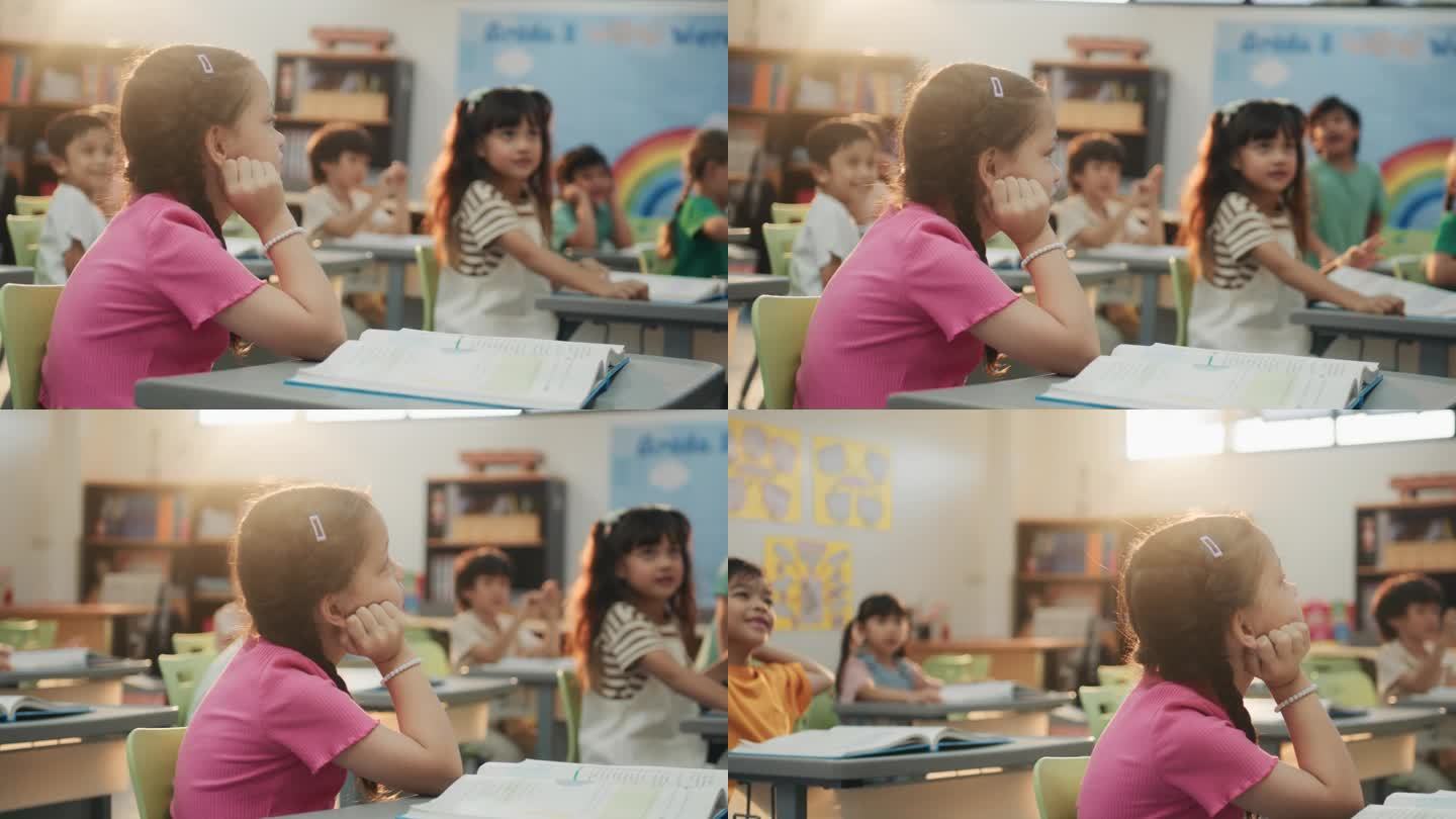 一个小女孩坐在教室里，思考着如何回答考试中的问题。
