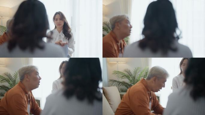 亚洲老年男子在家中与心理治疗师讨论抑郁症和心理健康问题。