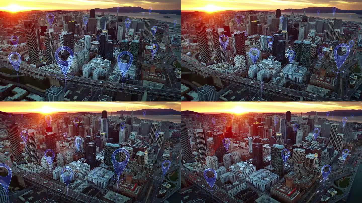 空中智慧城市。连接未来城市的本地化图标。技术理念、数据通信、人工智能、物联网。旧金山天际线。