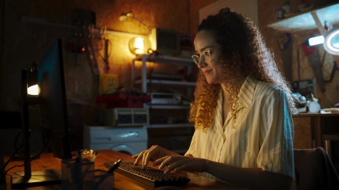 西班牙裔女性软件工程师深夜在复古车库的台式电脑上编程的肖像。雄心勃勃的女性创办科技创业公司。在家编码