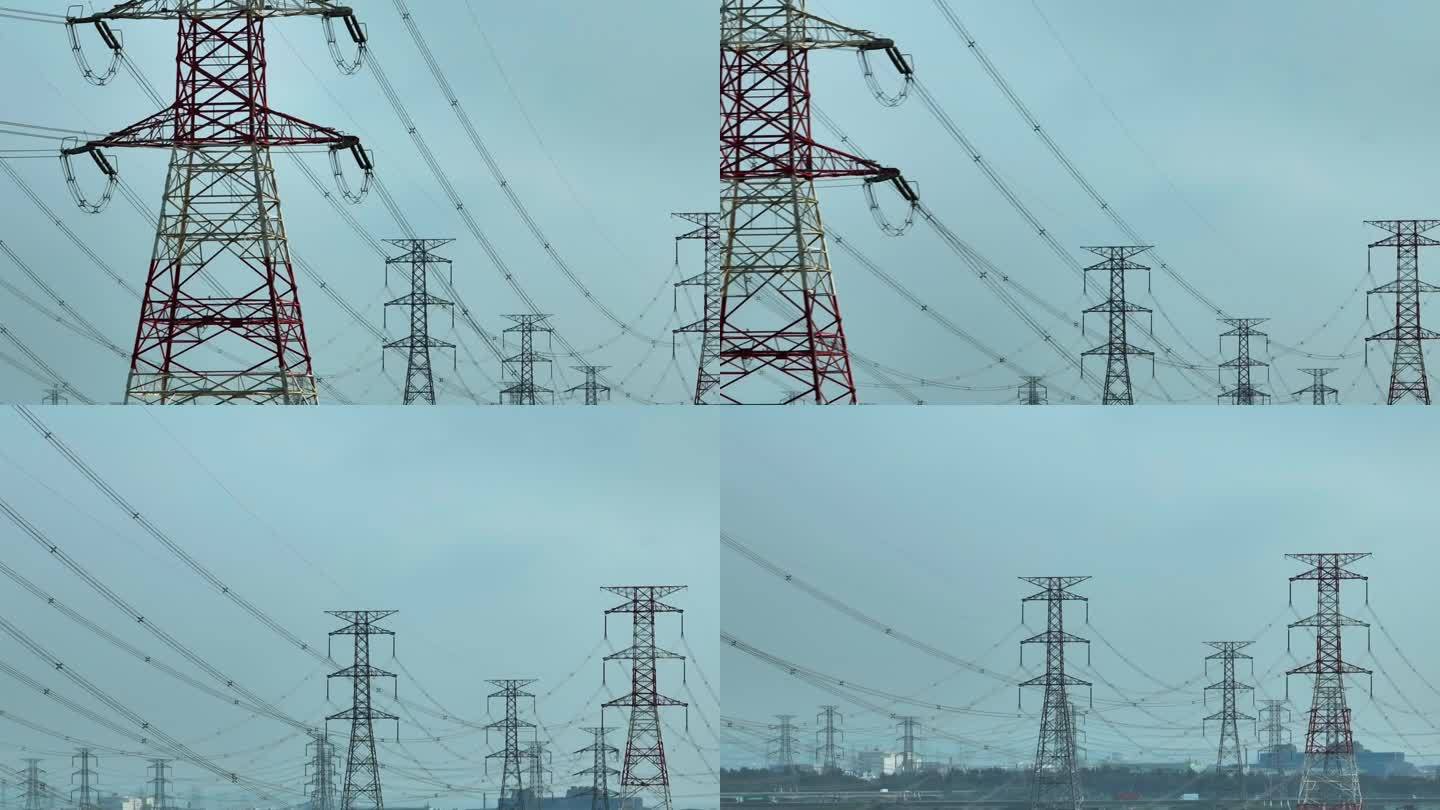 高压电线塔鸟瞰图特高压输电高压电线塔城市