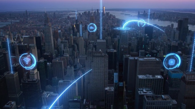 纽约市鸟瞰图，增强现实可视化与数字信号从一个办公大楼跳到另一个办公大楼，将整个城市地区连接到全球在线