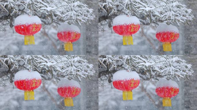 春节红灯笼下雪大雪唯美空镜