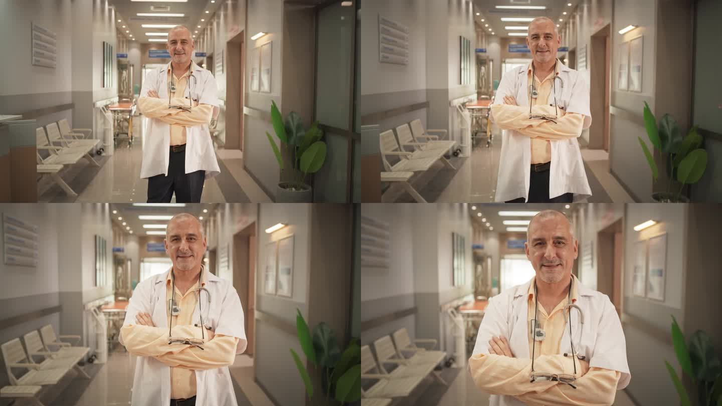 一位中年医疗保健专业人员在诊所走廊摆姿势，微笑着看着镜头。穿着白大褂在医院工作的印度保健医生