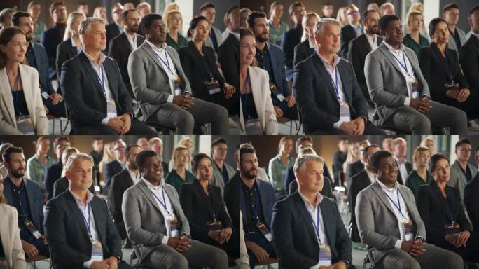 在国际技术会议上，不同的商务人士坐在观众席上。男女企业家聆听创新产品或服务的创业公司的主题演讲。