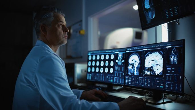 在医学实验室中，病人接受MRI或CT扫描过程，在控制室中，医生观察过程并监测脑部扫描结果。拥有高科技