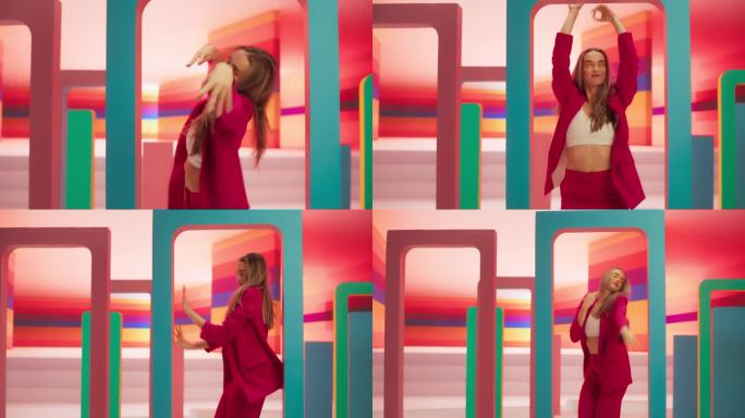 缩小:在工作室环境中，专业舞者在彩色背景的大数字Led墙屏幕前表演舞蹈的肖像。她正在与装饰道具互动