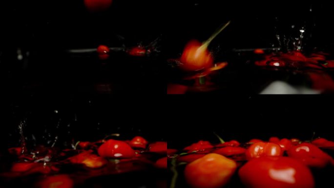 “火鸡之星”品种的红色迷你辣椒落入水中，黑色背景，慢动作，特写。