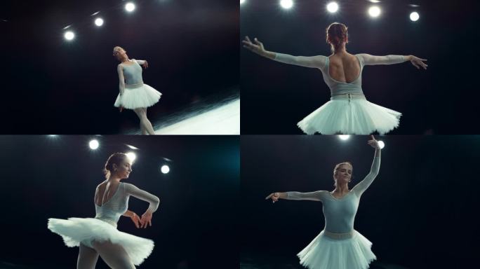 一位才华横溢的芭蕾舞女演员在有灯光的黑暗舞台上跳舞的电影表演。年轻的女性穿着漂亮的衣服，跳芭蕾舞，用