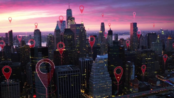 连接未来城市的本地化图标。技术理念、数据通信、人工智能、物联网。空中智慧城市。纽约的天际线。