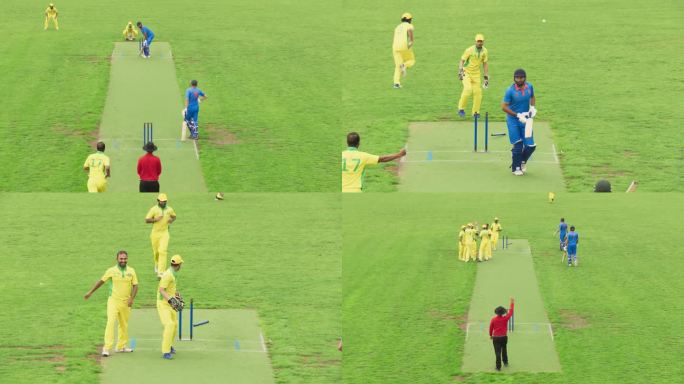 印度业余板球队在比赛前训练。蓝队击球手在三柱门被击碎后未能击中球而被投球出局。对手互相欢呼庆祝