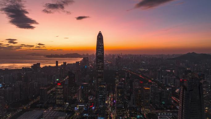 深圳福田城市天际线夜景航拍延时