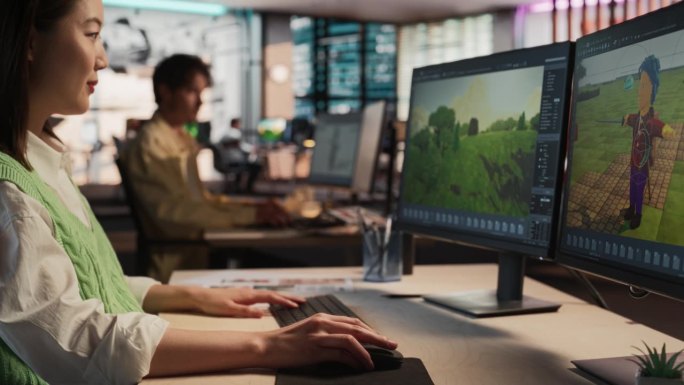 亚洲女游戏开发者使用台式电脑，设计独特的世界和角色在三维建模软件的生存电子游戏。在不同游戏设计工作室