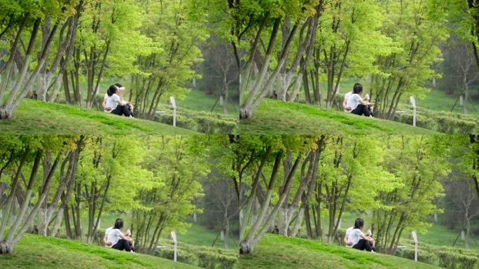 公园草地上坐着聊天的情侣