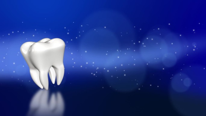 三维模型白色牙齿在抽象的蓝色背景与散景。动画循环医疗牙科屏幕保护程序。副本的空间。