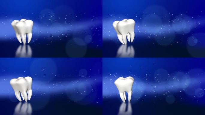 三维模型白色牙齿在抽象的蓝色背景与散景。动画循环医疗牙科屏幕保护程序。副本的空间。