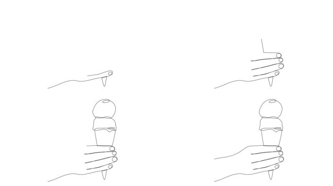 手握冰激凌角，用连续的一条线画出两个球的自绘制动画。