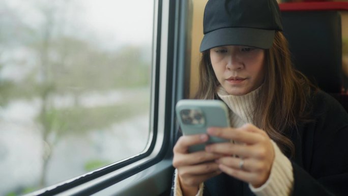 坐火车旅行时，放松的女游客坐在窗边玩智能手机，浏览社交媒体。