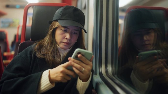 亚洲女游客坐在靠窗的座位上，用手机给家人发短信。