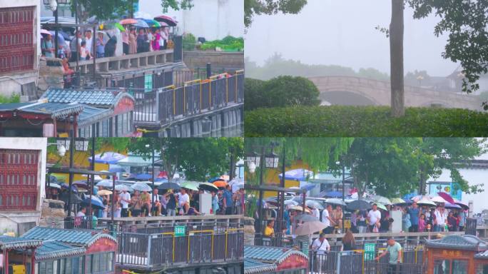 江苏苏州姑苏寒山寺江南水乡下雨季游客风景