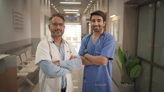 医院中等肖像:两个友好的印度医生看着相机和微笑。成功的医疗保健医生在现代先进的医疗保健设施提供服务