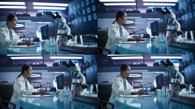 医院研究中心实验室:亚洲女医学家使用计算机与脑MRI图像。专业神经学家分析CT扫描，寻找脑损伤患者的