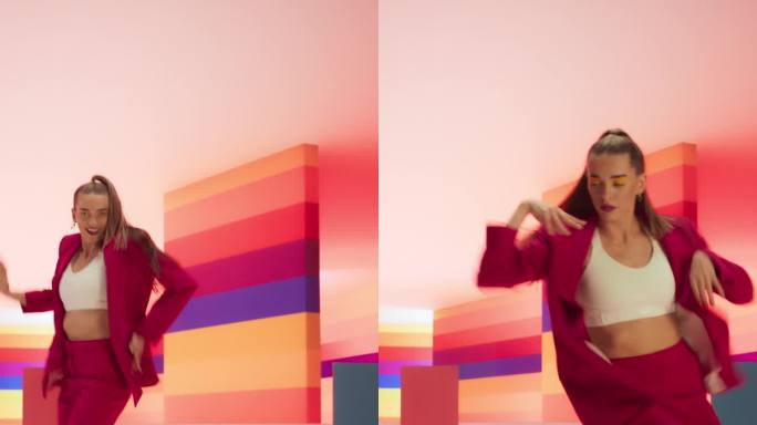 垂直屏幕:时尚的专业女舞者在工作室环境的虚拟制作中，在彩色条纹背景的大Led墙屏幕前表演现代舞