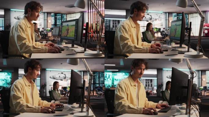 白人男性游戏设计师使用桌面电脑与3D建模软件设计独特的角色和世界沉浸式RPG电子游戏。在游戏开发公司