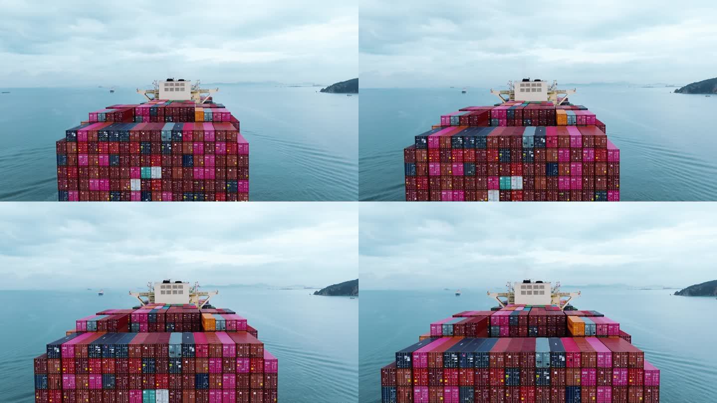 一艘满载货物的集装箱货船鸟瞰图