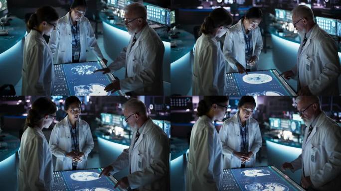 现代医院医学研究中心:不同的同事聚集在交互式触摸屏桌旁，显示着大脑的核磁共振扫描。医生讨论中风后的康