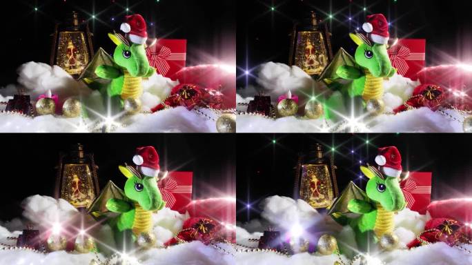 绿龙象征2024年新年，圣诞彩灯有圣诞老人配合装饰，背景闪闪发光。节日庆祝概念。