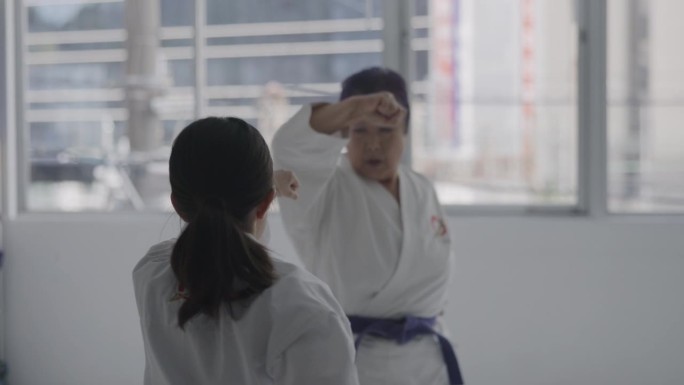 年轻的日本女孩和成熟的女人一起练习空手道
