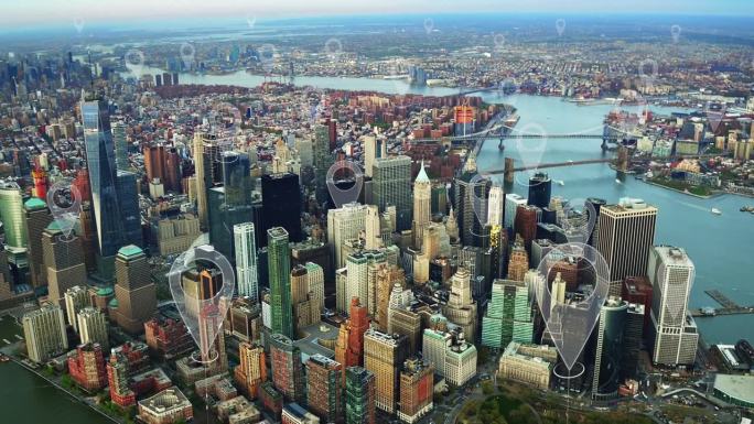连接未来城市的本地化图标。空中智慧城市。技术理念、数据通信、人工智能、物联网。纽约的天际线。