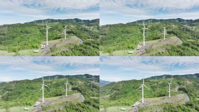 风力涡轮机点缀着连绵起伏的山丘，长镜头，空中无人机从右向左移动。感受清洁、可持续、环保电力的脉搏。